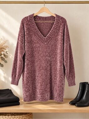 Express Chenille Tunic Sweater Medium Dusty Rose Oversized V Neck Longline